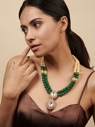 Green Gold Tone Polki Beaded Necklace with Pearls