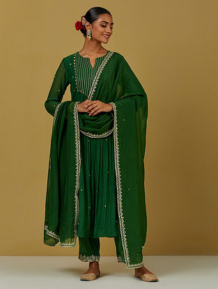 Green Embroidered Chanderi Kurta with Cotton Pants and Tissue Organza Dupatta (Set of 3)