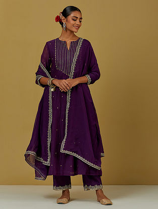 Purple Embroidered Chanderi Kurta with Cotton Pants and Tissue Organza Dupatta (Set of 3)