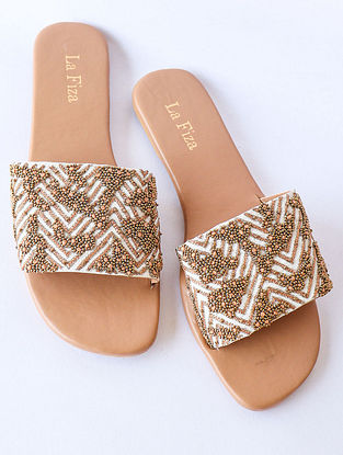 Golden Hand Embroidered Beaded Vegan Leather Flats