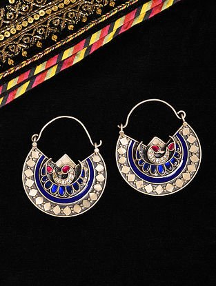 Blue Pink Tribal Silver Kundan Earrings With Pearls