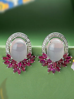 Silver Diamond Earrings with Ruby and Rose Quartz