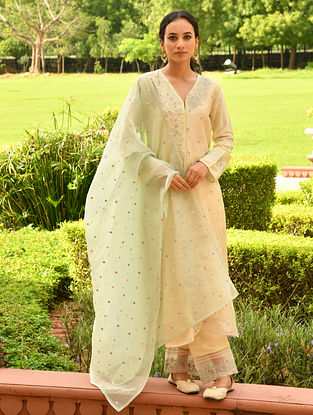 Beige Embroidered Muslin Silk Kurta with Pants and Green Embroidered Organza Dupatta (Set of 3)