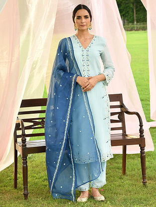 Blue Embroidered Muslin Silk Kurta with Pants and Embroidered Organza Dupatta (Set of 3)