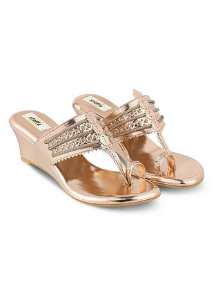 Rose Gold Handcrafted Kolhapuri Faux Leather Wedges