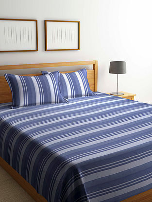 Blue CottonHandloom Double Bed Cover With Pillow Covers (Set Of 3)