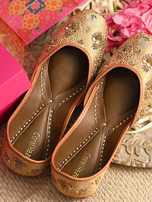 Gold Hand Embroidered Brocade Genuine Leather Juttis With Sequinned Work