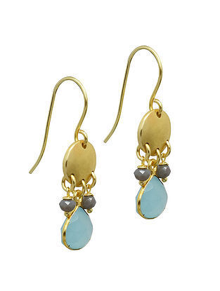 Blue Gold Tone Silver Earrings With Grey Chalcedony And Aqua Chalcedony Gemstone 