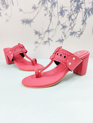 Pink Handcrafted Leather Kolhapuri Block Heels