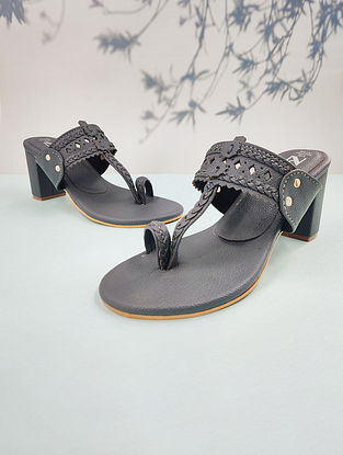 Grey Handcrafted Leather Kolhapuri Block Heels