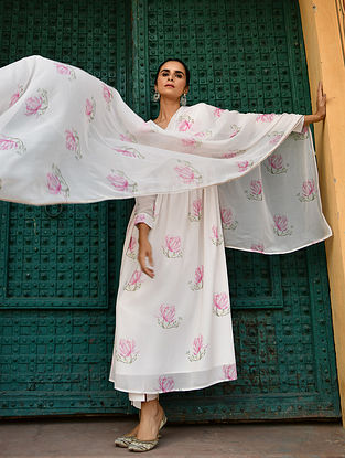 Pink and White Printed Georgette Kurta with Crepe Pants and Chiffon Dupatta (Set of 3)