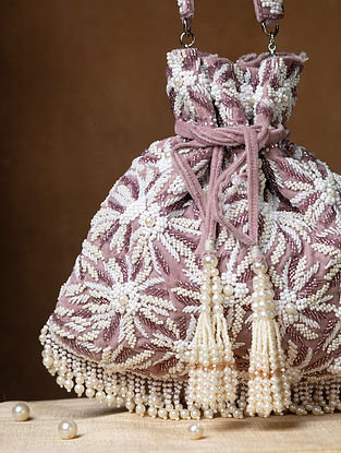 Lavender Hand Embroidered Beaded Velvet Potli