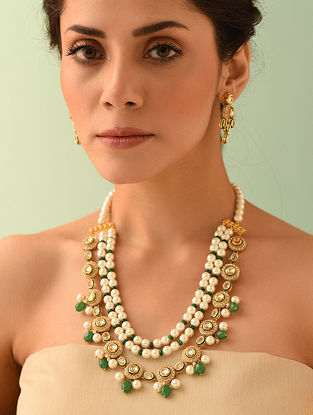Green Gold Tone Kundan Necklace Set with Pearls