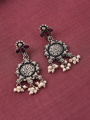 Pink Tribal Silver Earrings with Kempstones and Pearls
