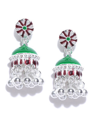 Red Green Sterling Silver Meenakari Jhumki Earrings with Ghungroo