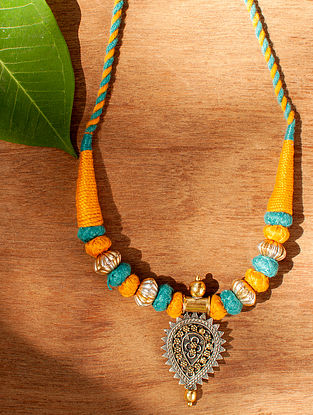 Orange Turquoise Dual Tone Tribal Silver Necklace