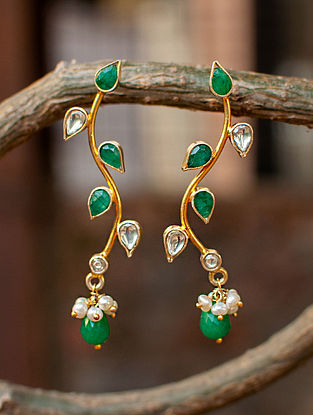 Green Gold Plated Silver Kundan Earrings with Onyx and Pearls