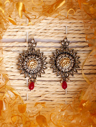 Red Dual Tone Tribal Silver Earrings With Ruby And Pearls