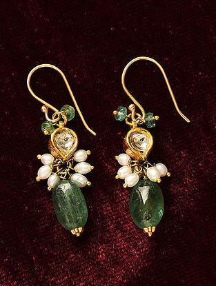 Gold Polki Earrings with Emerald and Pearls