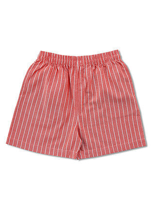Red Hand Embroidered Plaid Cotton Shorts