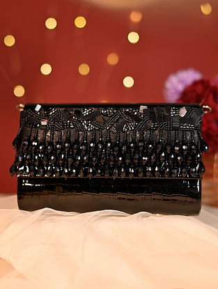 Black Handcrafted Embellished Faux Leather Clutch