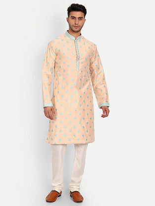 Peach and Aqua Blue Cotton Silk Thread And Sequins Embroidered Kurta with Churidars (Sets of 2)