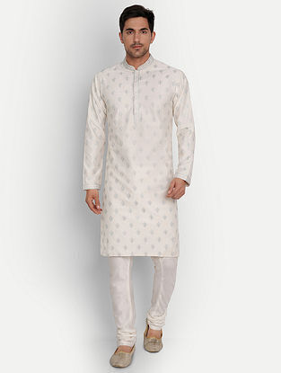 Imperial White and Silver Grey Thread And Sequins Embroidered Cotton Silk Kurta with Churidars (Sets of 2)