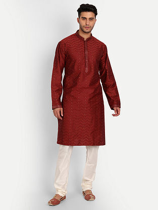 Rosewood Maroon Cotton Silk Resham Thread And Sequins Embroidered Kurta with Churidars (Sets of 2)