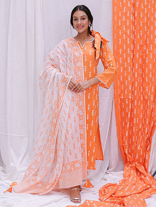 Orange Hand Block Printed Mulmul Cotton Dupatta