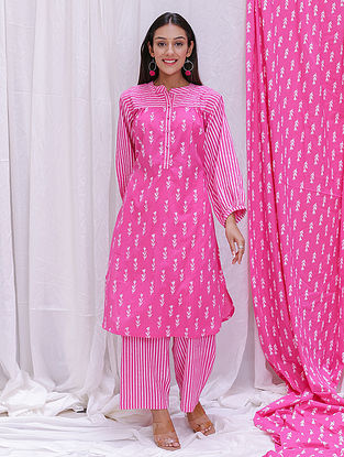 Pink Hand Block Printed Cambric Cotton Kurta with Pants (Set of 2)