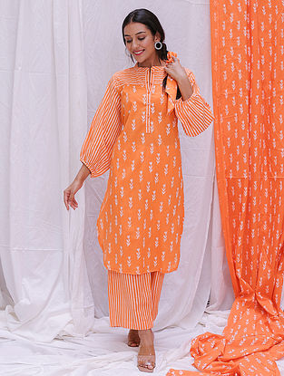 Orange Hand Block Printed Cambric Cotton Kurta with Pants (Set of 2)
