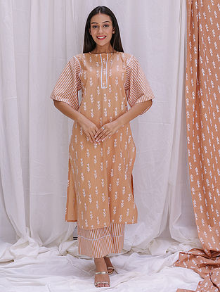 Beige Hand Block Printed Cambric Cotton Kurta with Pants (Set of 2)