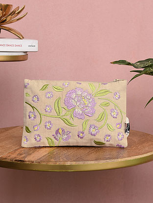 Beige Embroidered Cotton Pouch