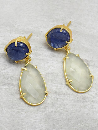 Blue Gold Plated Silver Earrings with Tanzanite and Prehnite