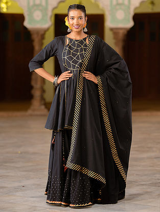 Black Gota Work Mulmul Kurta with Hand Embroidered Skirt 
and Dupatta (Set of 3)
