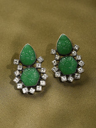Green Tribal Silver Kundan Earrings