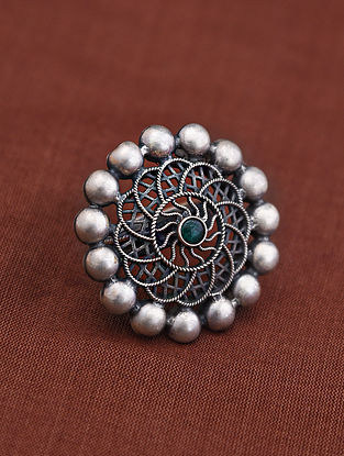Green Tribal Silver Adjustable Ring with Kempstone