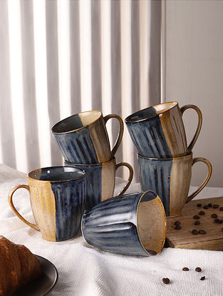 Navy Blue And Mustard Glazed Mug- Set Of 6