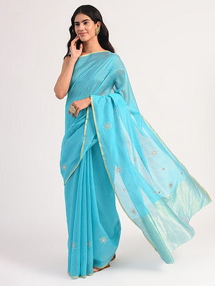 Blue Hand Embroidered Handwoven Chanderi Silk Cotton Saree with Sequins