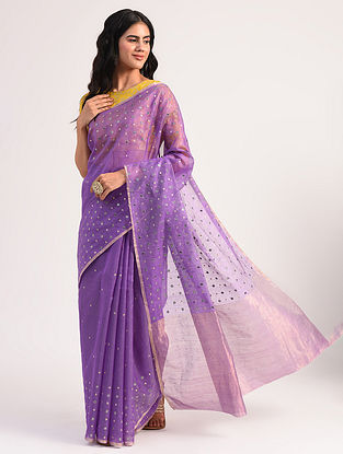 Purple Hand Embroidered Handwoven Chanderi Silk Cotton Saree with Sequins
