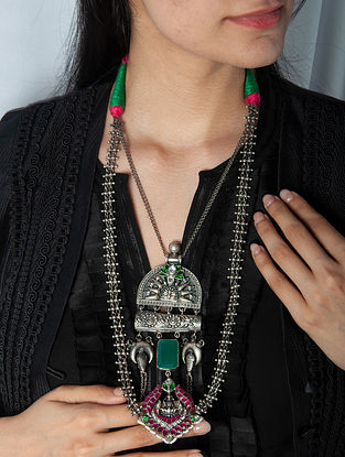 Pink Green Tribal Silver Kundan Necklace with Onyx and Pearls