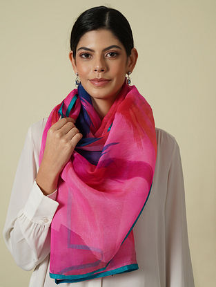 Pink Handwoven Block Printed Chanderi Cotton Silk Stole