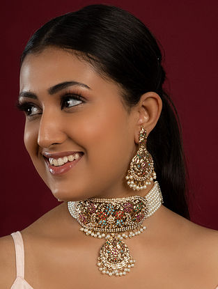 Multicolor Gold Plated Jadau Necklace Set with Pearls