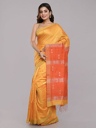 Yellow - Orange Silk Jamdani Handloom Saree