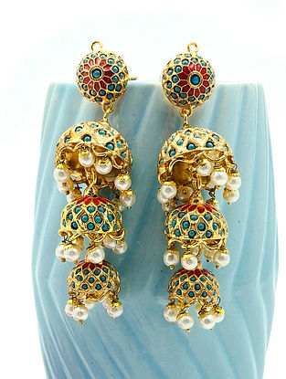 Turquoise Red Gold Plated Jadau Jhumki Earrings with Pearls