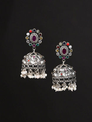 Navratna Tribal Silver Jhumki Earrings with Pearls