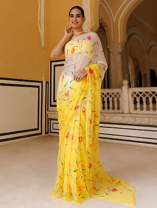 Yellow Chiffon Hand-Painted Saree