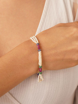Multicolor Silver Beaded Bracelet with Ruby, Emerald, Sapphire and Pearls