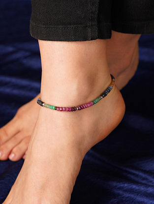 Multicolor Silver Beaded Anklet with Ruby, Sapphire and Emerald