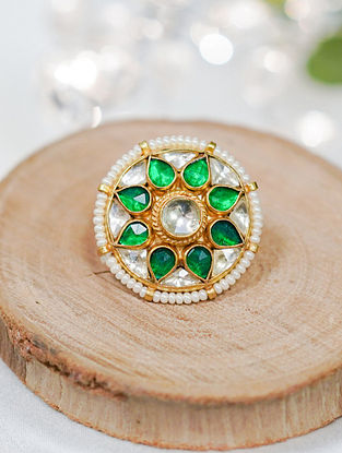 Green Gold Plated Kundan Adjustable Ring with Pearls